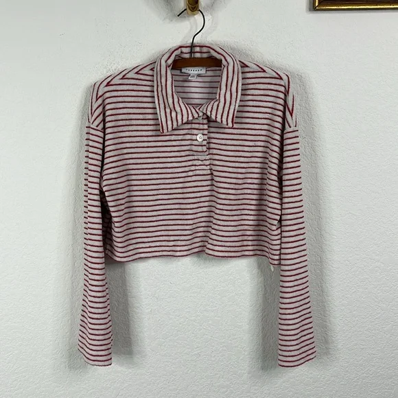 Topshop Terrycloth Stripe Button Up Polo in Red and White - Picture 2 of 8